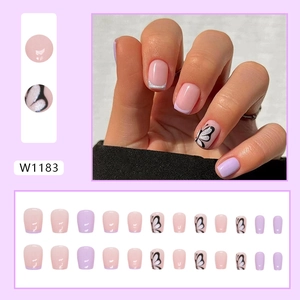 Short ballet Aurora glitter press-on nails with purple butterfly designs for a fresh look