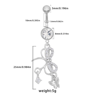Surgical steel belly button ring with butterfly cross pendant and white crystals