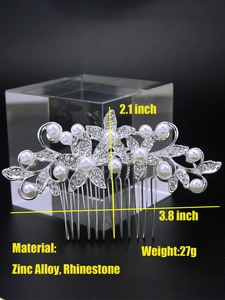 Detail view of silver bridal hair comb with rhinestone flowers and pearls measurements