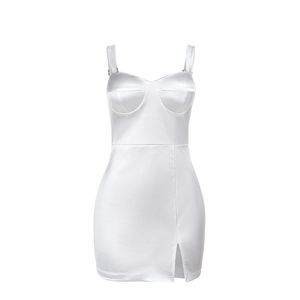 Slim fit white satin mini dress with side slit and cup detailing for women