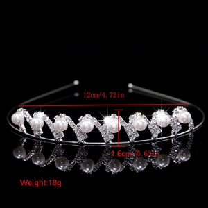 Close-up of silver crown headband featuring white pearls and geometric rhinestone pavé patterns