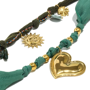 Vintage 18K gold plated sun and moon pendant necklace with green fabric cord