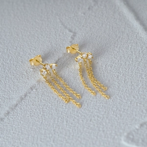 Detail of S925 sterling silver gold fringe earrings with triple chain tassels and zircons