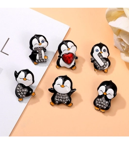 Set of 6 cute metal penguin brooches with black white enamel and sparkling rhinestones
