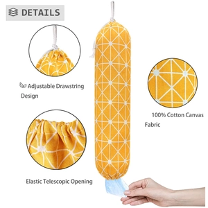 Detail of yellow cotton canvas grocery bag holder with drawstring and elastic opening