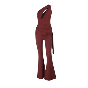 Deep red one-shoulder cutout jumpsuit with flared wide-leg pants and waist pleat details