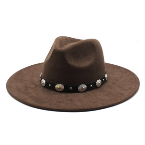 Dark brown wide brim fedora hat with vintage metallic studded leather band for men and women