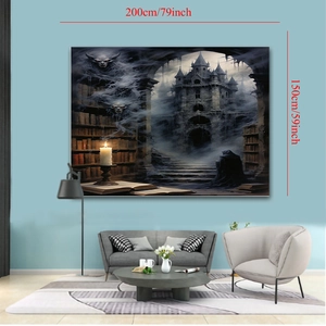 Detail showing 200x150cm dimensions for gothic castle Halloween tapestry wall decor