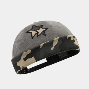 Hip hop camo star brimless docker hat with dark grey knit and embroidered star logo