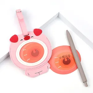 Pink pig cartoon leather luggage tag with adjustable strap and ID info card for travel bag