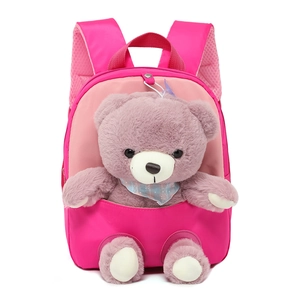 Cute kids backpack in rose pink featuring a detachable plush bear toy for kindergarten