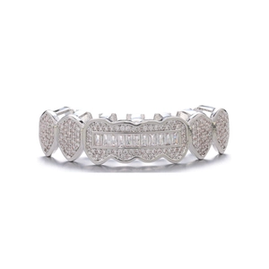 Detailed close-up of hip hop grillz with silver plating and full CZ stone setting
