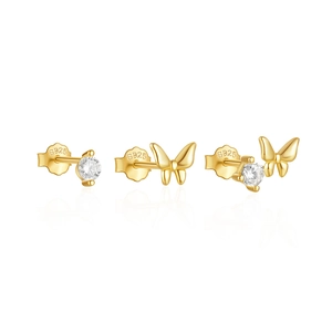 Detailed macro view of S925 sterling silver butterfly and zircon stud earrings set