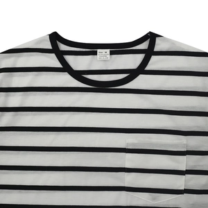 Detailed view of the crew neckline and chest pocket on a striped short sleeve t-shirt