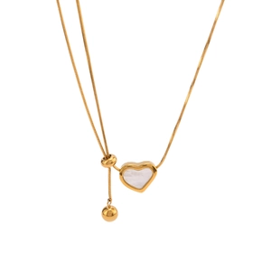 Golden heart pendant necklace with white shell inlay and adjustable snake chain