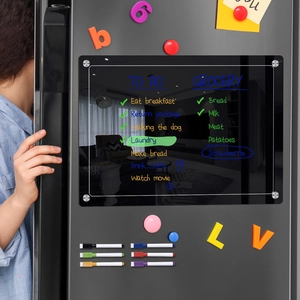 Detail of magnetic acrylic calendar on fridge with markers and eraser accessories