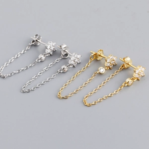 Star tassel chain earrings with zircon in silver and gold, luxury S925 sterling silver set