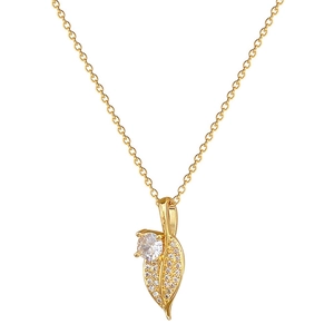 Luxurious leaf necklace in gold with pave diamonds and a round crystal on a white background