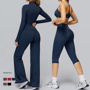 Women's 4-piece brushed yoga set with high-waist flared pants and long sleeve top