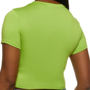 Close-up back view of tight-fit grass green cropped T-shirt with premium stitching
