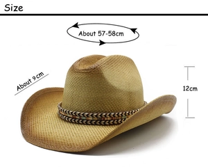 Detailed size specifications for woven straw cowboy hat with ethnic style headband