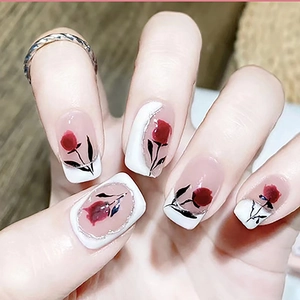 Press On Nails French Style White Tips Red Rose Floral Pattern Short Fake Nails Glossy Finish Elegant Manicure For Women