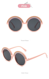 Detailed front and side views of pink round kids' sunglasses with rainbow decor