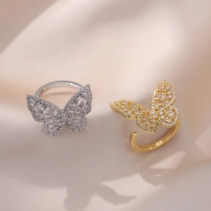 Elegant Copper Butterfly Open Ring For Women Sparkling Zirconia Inlaid Adjustable Finger Ring Glowing Butterfly Jewelry Gift