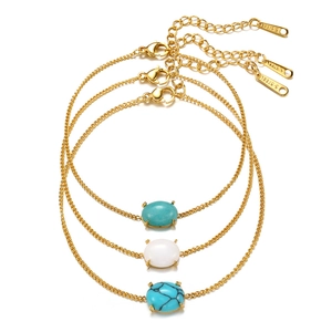 Three 18k gold plated stainless steel bracelets with oval natural stone charms