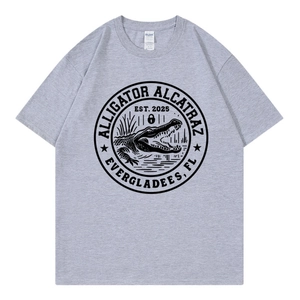 Gray crewneck t-shirt with black Alligator Alcatraz circular graphic print design