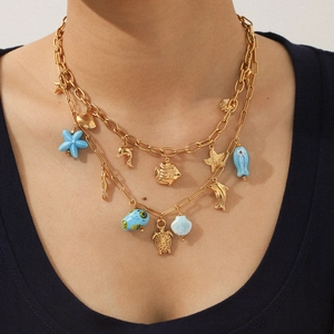 Collier Pendentif Animal Marin Acier Inoxydable Or Étoile De Mer Dauphin Tortue Coquillage Bijoux De Plage Femmes