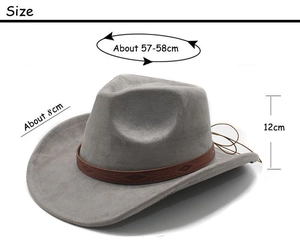 Western suede cowboy hat size guide with dimensions: 58cm head circumference, 8cm brim width