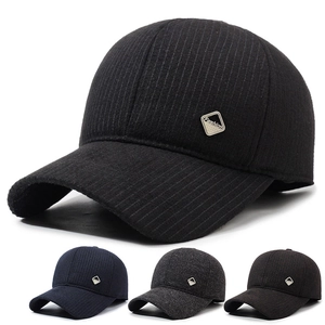 Men Winter Baseball Cap Striped Woolen Fabric Warm Windproof Earflap Protection Outdoor Casual Fashion Metal Tag Hat