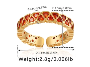 Detailed dimensions of 18K gold-plated ring with heart-cut orange zircon stones