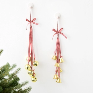 Christmas Hanging Bell String Iron Metal Gold Bells With Plaid Ribbon Bow For Tree Door Wall Decoration Retro European Style