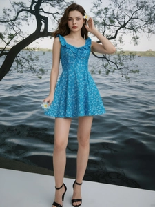 French vintage floral strap dress with ruffle neckline and high waist in blue