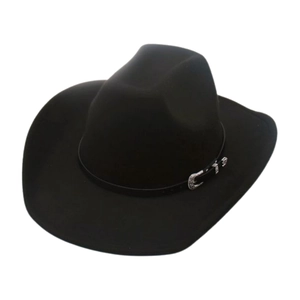 Chapeau de cow-boy classique en feutre noir avec calotte pincée et boucle argentée