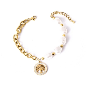 Bracelet tendance arbre de vie avec perles, chaîne dorée et cristaux brillants