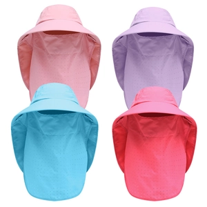Detail of four colorful sun hats with face covers and breathable laser-cut holes