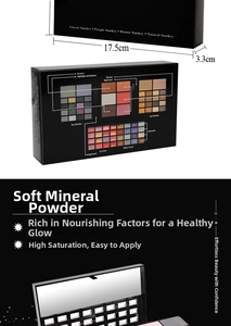 Detailansicht der 74-Farben Make-up Palette mit Lidschatten, Lipgloss und Concealer