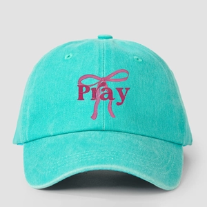 Adjustable mint green washed cotton baseball cap with Pray logo and pink bow print