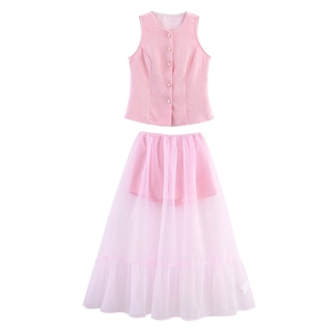 Elegante Tweed Weste Ärmellos Und Netzrock Lang Mit Künstliche Perlenknöpfen Organza Stufenrock Volants Saum Socialite Stil