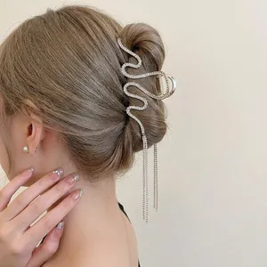 Snake Shaped Hair Claw Clip Alloy Sparkling Rhinestone Long Tassel Elegant Shark Clip Hairpin Headpiece For Women