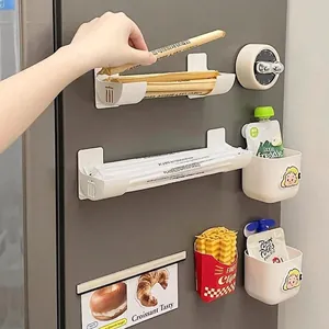 Magnetic white refrigerator side storage rack set for kitchen wraps and utensils