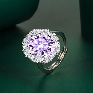 Elegant adjustable ring with oval purple gemstone and floral zircon halo in silver finish