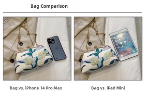 Retro floral clutch size comparison with iPhone 14 Pro Max and iPad mini models