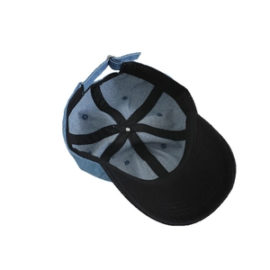 Kids denim baseball cap with bear bow tie featuring blue fabric and adjustable buckle