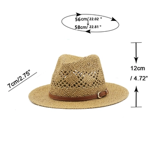 Detail showing dimensions of breathable woven straw hat with a 7cm brim and crown height