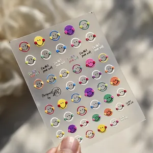 Embossed smiley face nail art stickers with colorful characters on transparent background