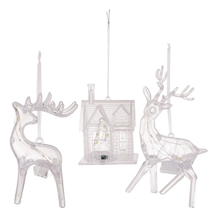 Three-piece acrylic Christmas hanging set with LED reindeer and house ornaments